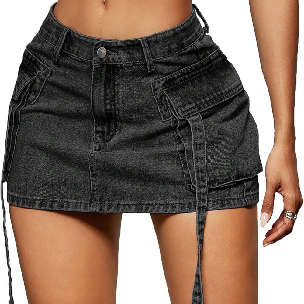Black Denim Mini Skirt with Pockets